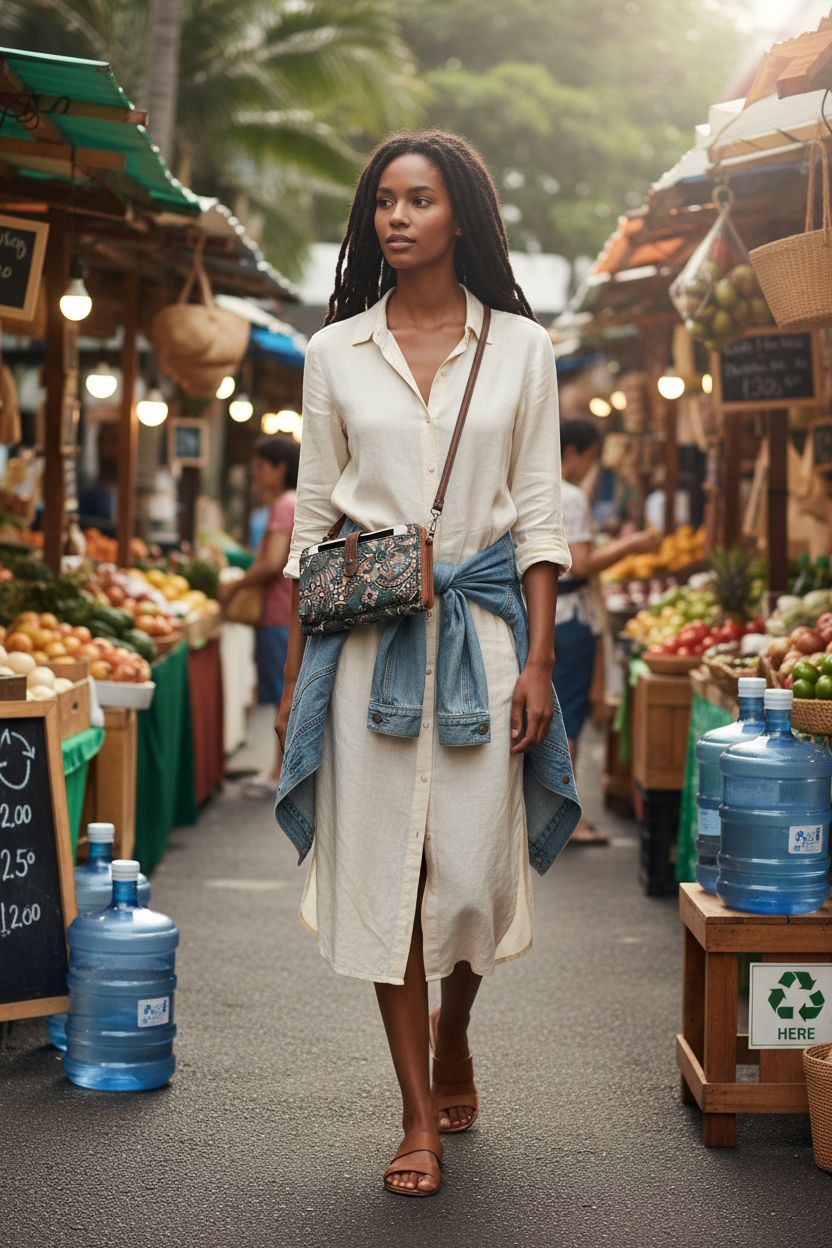 Sakroots eco-twill convertible purse in Sienna Spirit Desert at a market, showcasing front phone pocket.