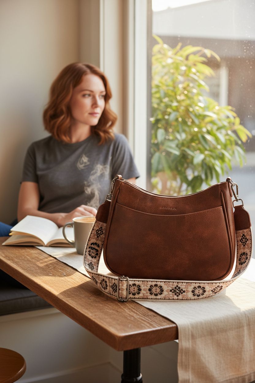 APHISON purse elegantly placed on a café table, surrounded by cozy ambiance and a book.