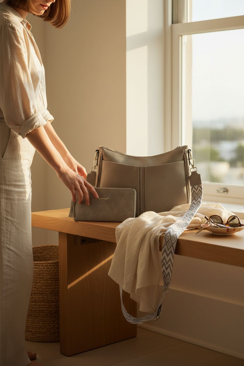 TANTOMI grey crossbody purse and wallet in a serene home entryway setting