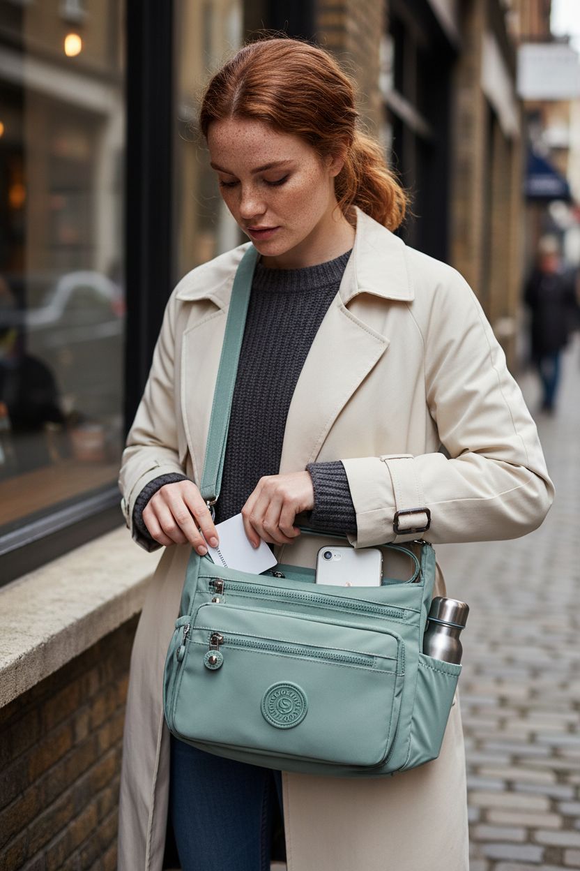 Pealwel light green handbag with multiple compartments, perfect for daily errands by a café.