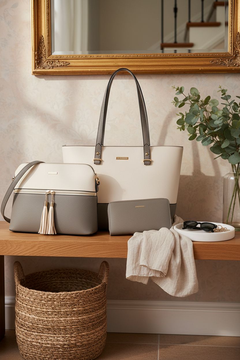 YTL tote and wallet set on a cozy entryway bench, perfect for home-style organization.