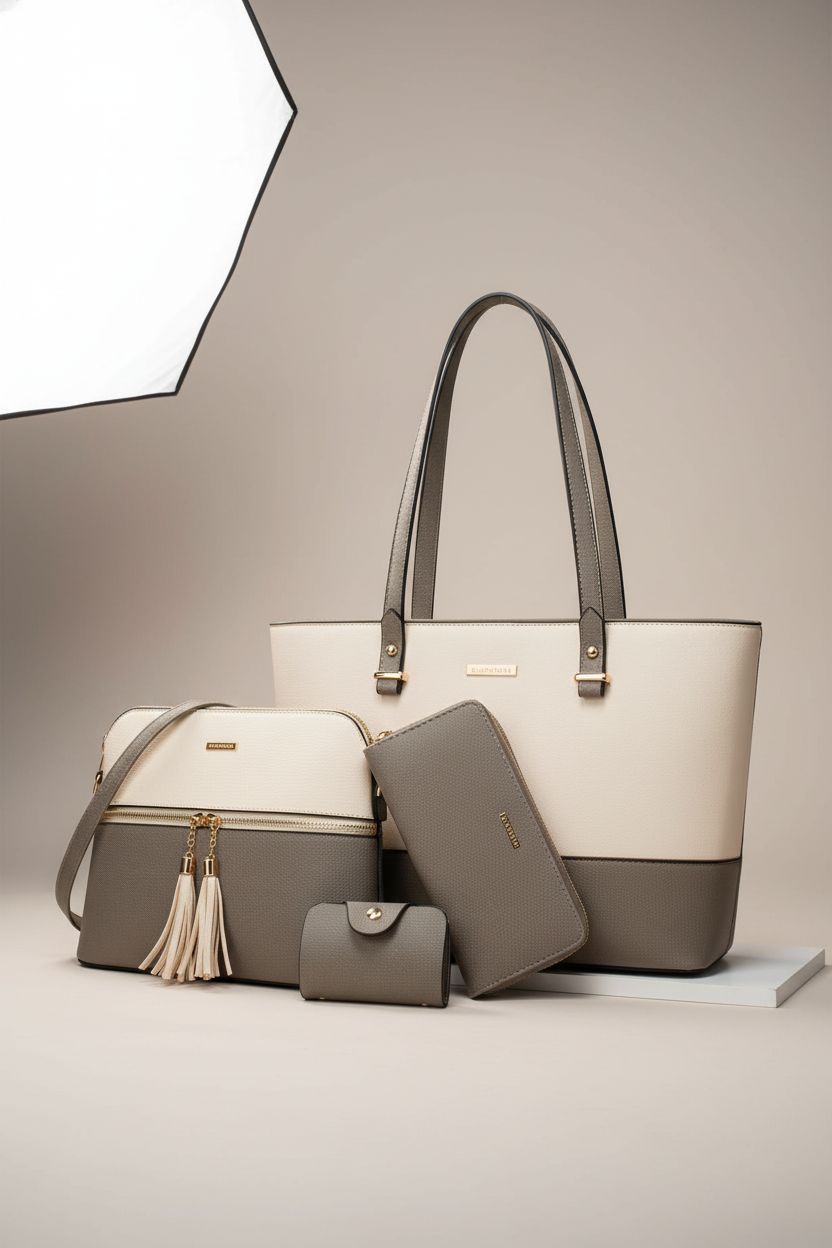 YTL four-piece handbag set showcasing tote, messenger, wallet, and card holder in a stylish display.