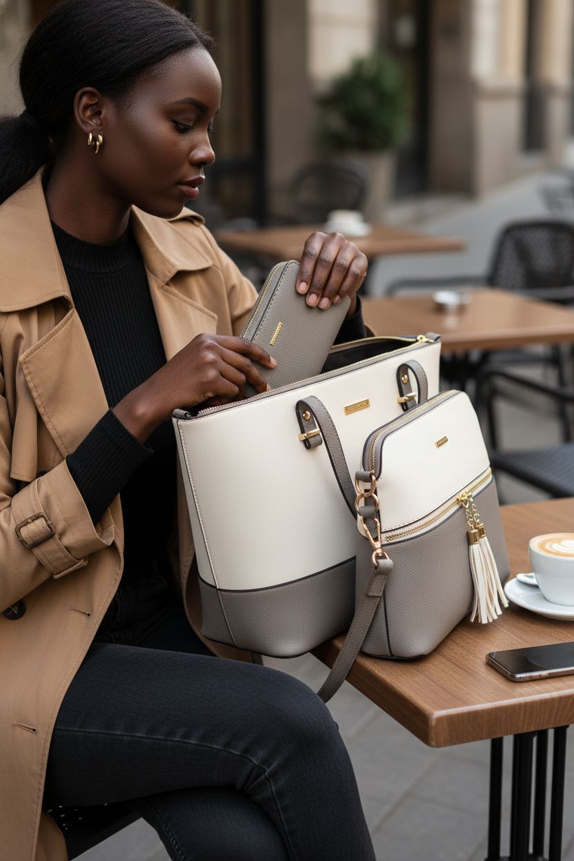 YTL cream/taupe tote and matching wallet at a café, perfect for stylish outings.