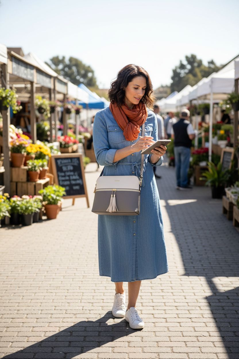 YTL two-tone tote and wallet in a sunny market, ideal for casual shopping trips.