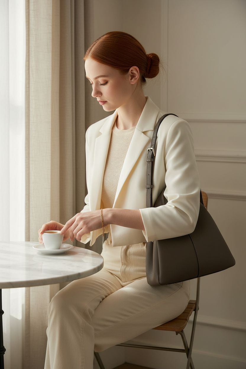 Elegant JQWSVE greige shoulder bag resting beside a coffee, showcasing modern luxury vibes.
