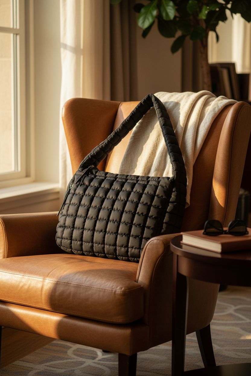 Higouta quilted tote bag resting on a leather chair in a cozy boutique hotel lounge.