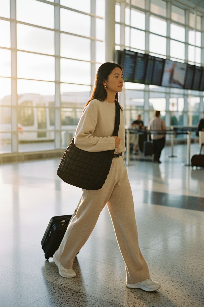 Black quilted puffer tote bag by higouta in modern airport setting, perfect for travel.