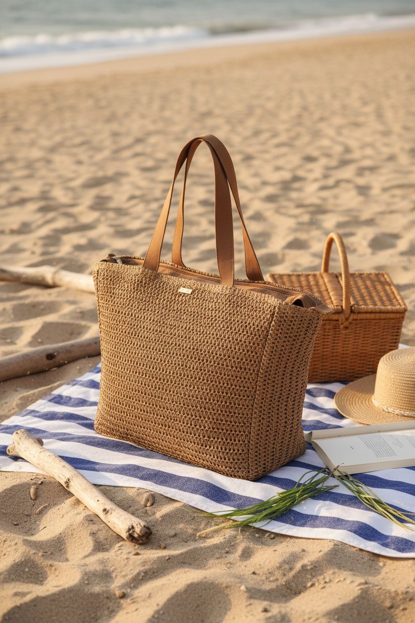 Roxy raffia tote bag on a beach towel, surrounded by summer essentials.