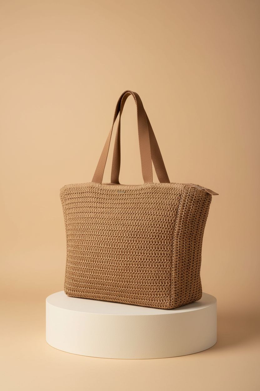 Roxy raffia tote bag showcased on a seamless background, highlighting its craftsmanship.