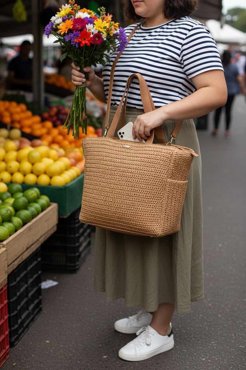 Roxy raffia tote bag at a farmers' market, showcasing spacious zipper and slip pocket.
