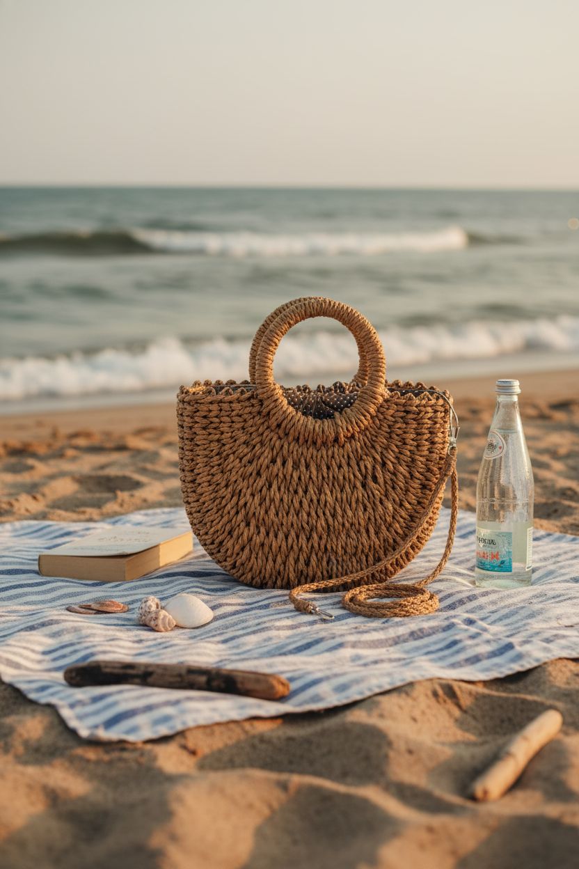 FENBEN rattan bag at a beach picnic, capturing a relaxed summer atmosphere with elegant details.