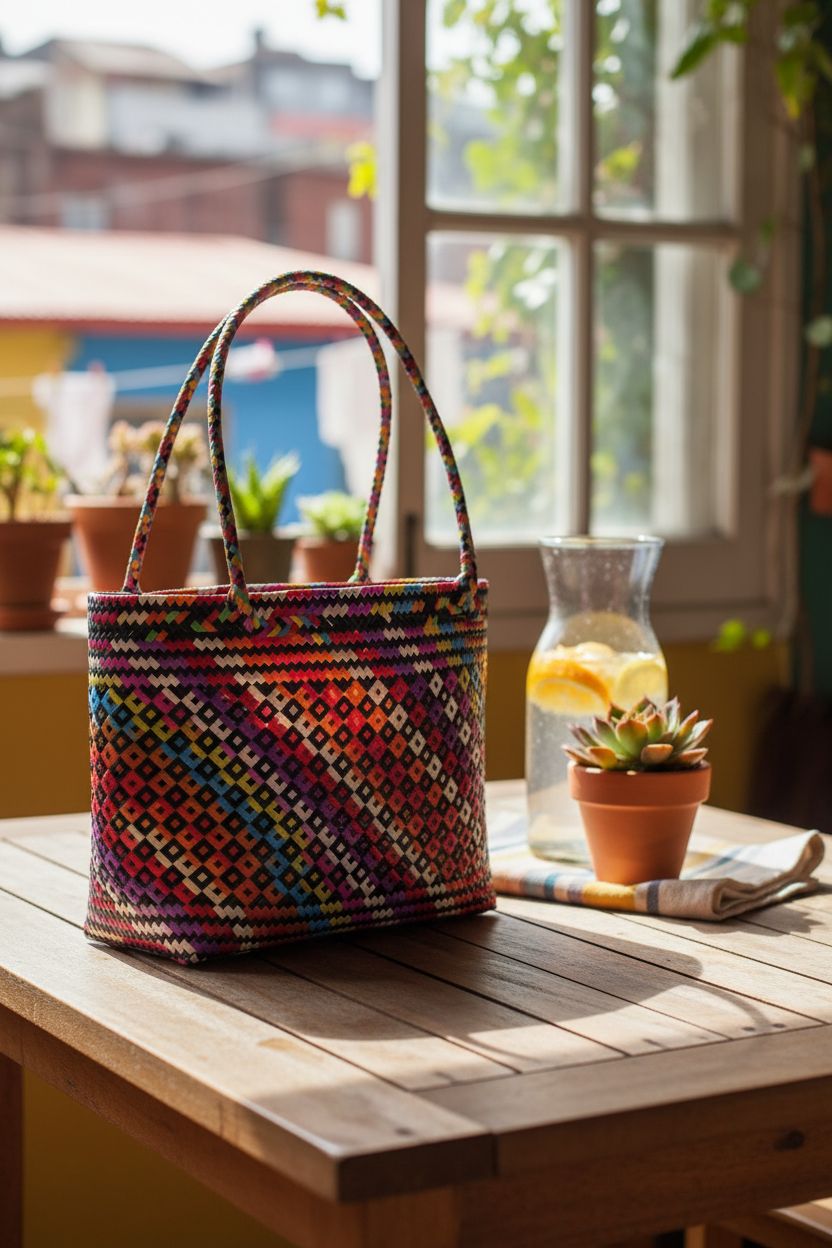 Generic recycled plastic tote bag elegantly displayed on a patio table, surrounded by decor and natural light.