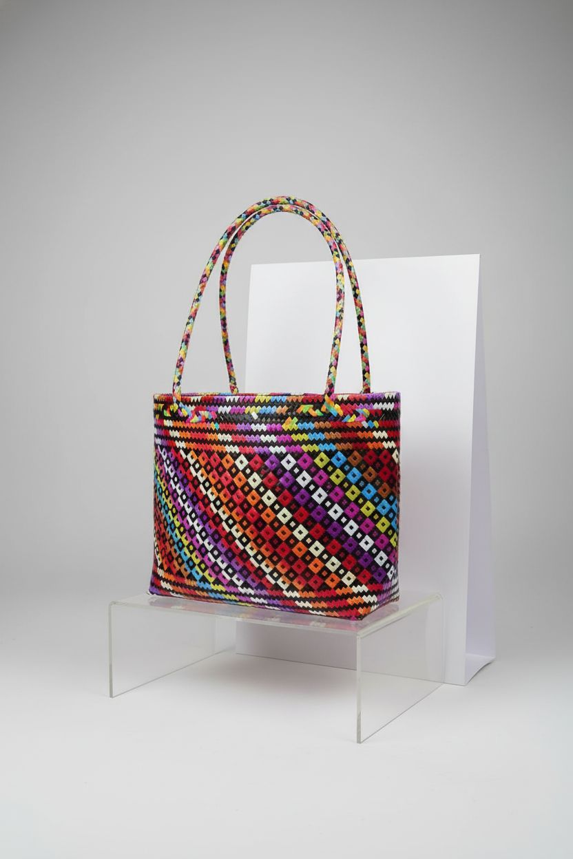 Generic recycled plastic handbag showcased in a studio, highlighting its stylish design and eco-friendly materials.