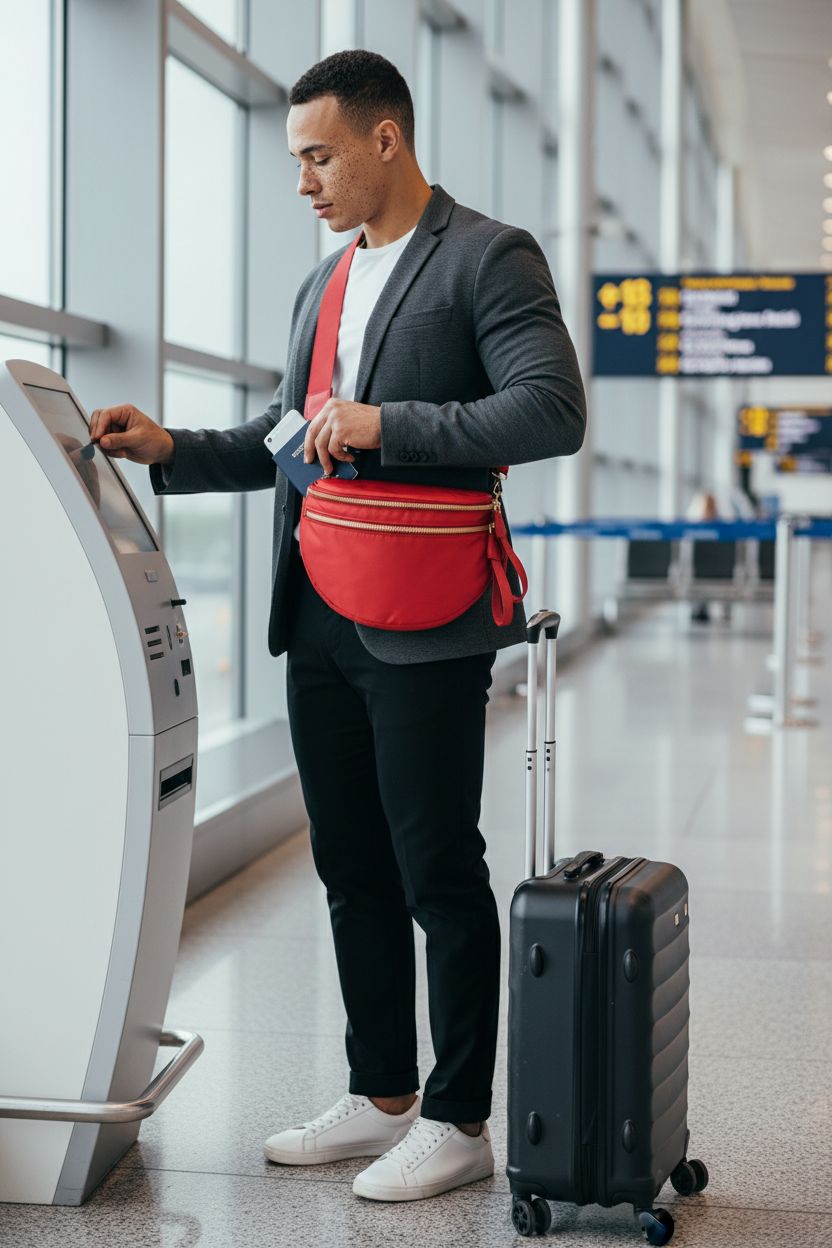 Red Pure Colour Crossbody Bag by MEISEY, stylishly worn across a charcoal blazer at the airport.