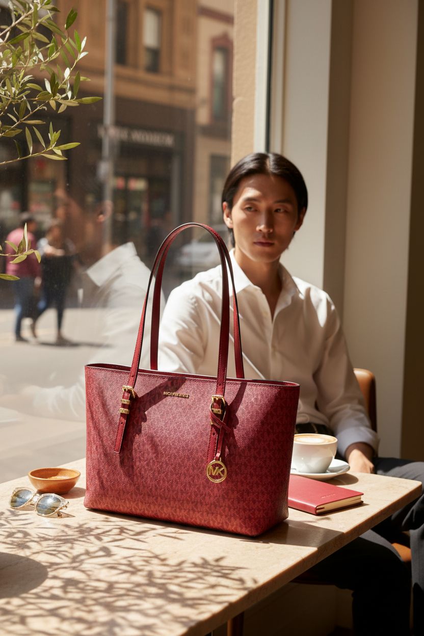 Michael Kors crimson tote bag on a café table, adding a pop of color to a relaxed setting with coffee