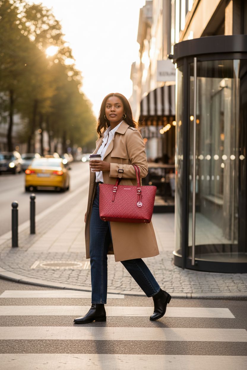 Michael Kors crimson tote bag with gold-tone hardware against neutral outfit on a stylish boulevard