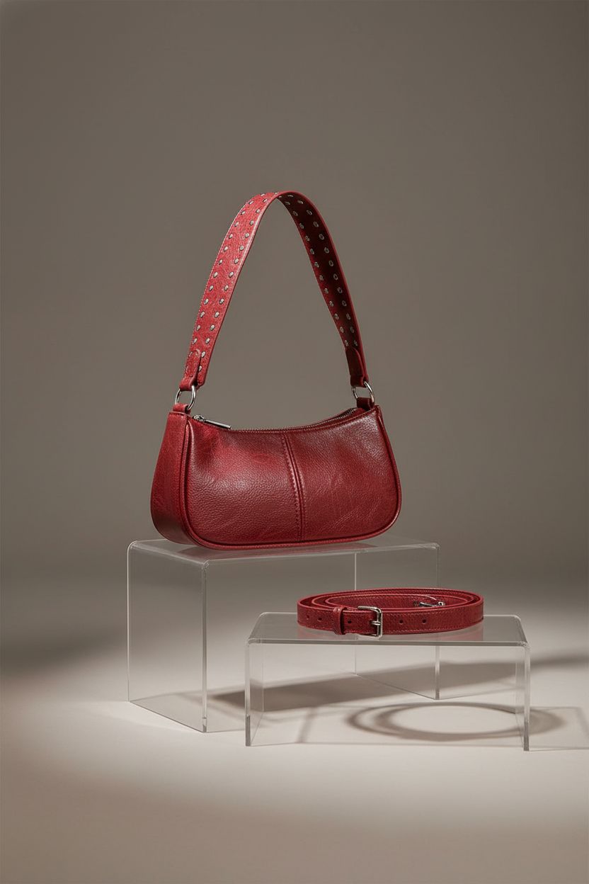 GETERUUV red leather purse with studded strap, showcased on acrylic riser in clean studio setting.
