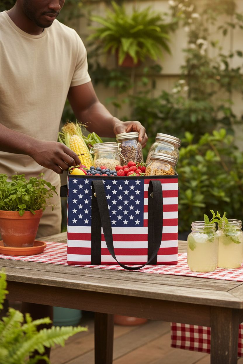 DSDCDJ red white blue bag on a picnic table with summer treats and lemonade