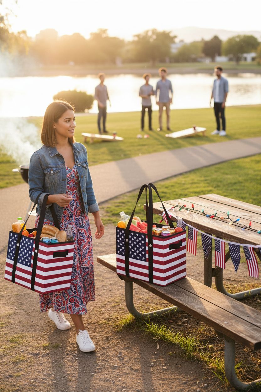 DSDCDJ red white blue bag filled with picnic items at a festive outdoor setting