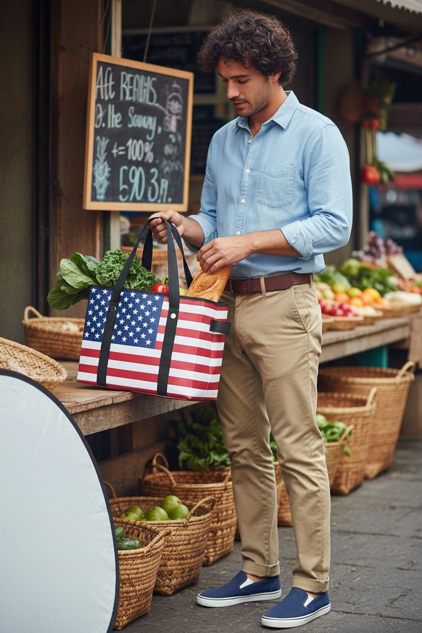 DSDCDJ patriotic bag resting on a market stall, showcasing fresh produce and baguette