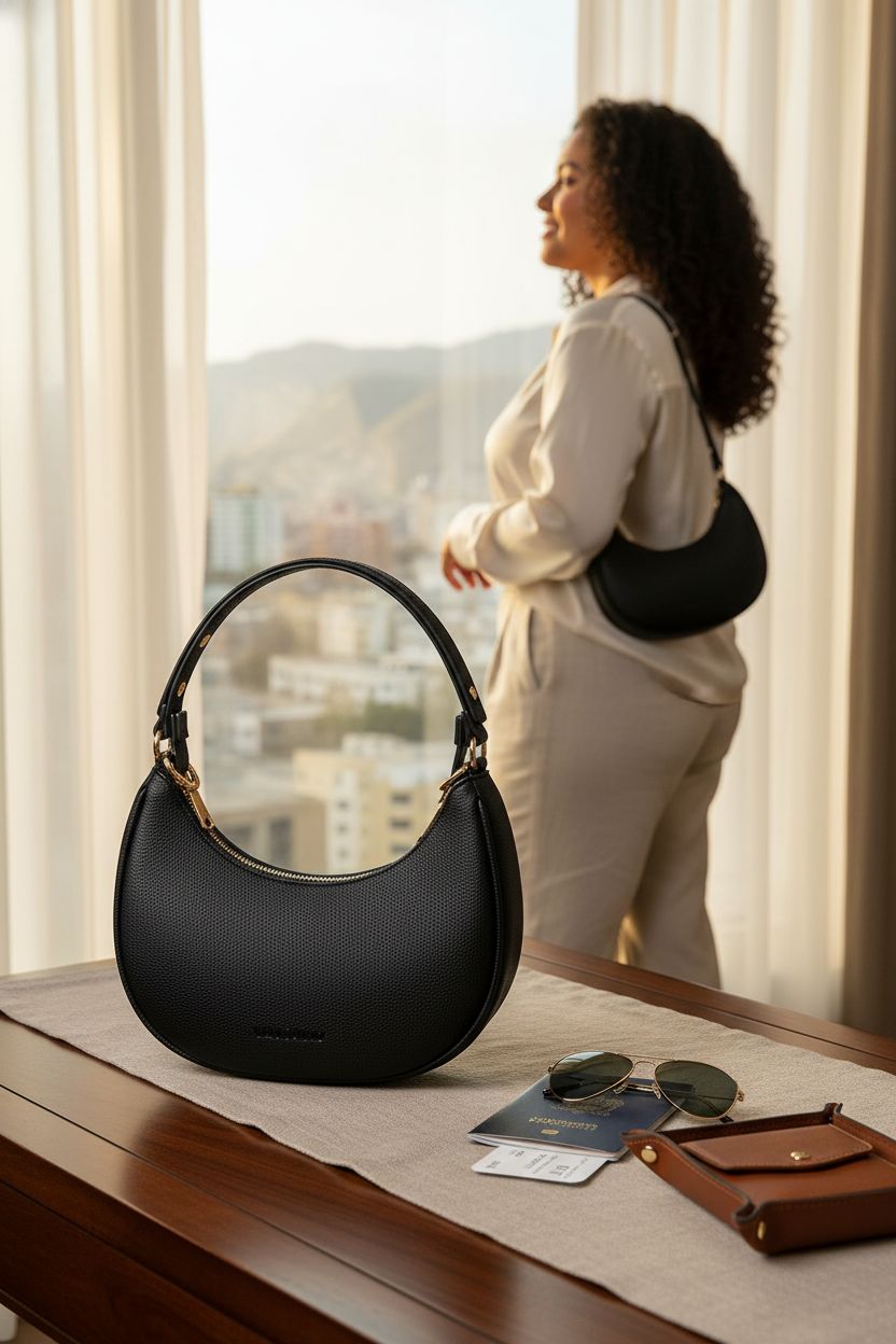 Vantamo RFID purse placed by a hotel window, suggesting organized travel with essentials