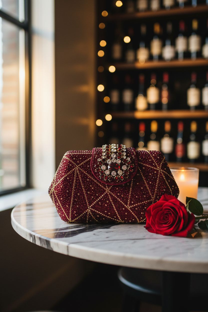 Deep wine rhinestone clutch by HUANG ZHUANG on a marble table with candles.