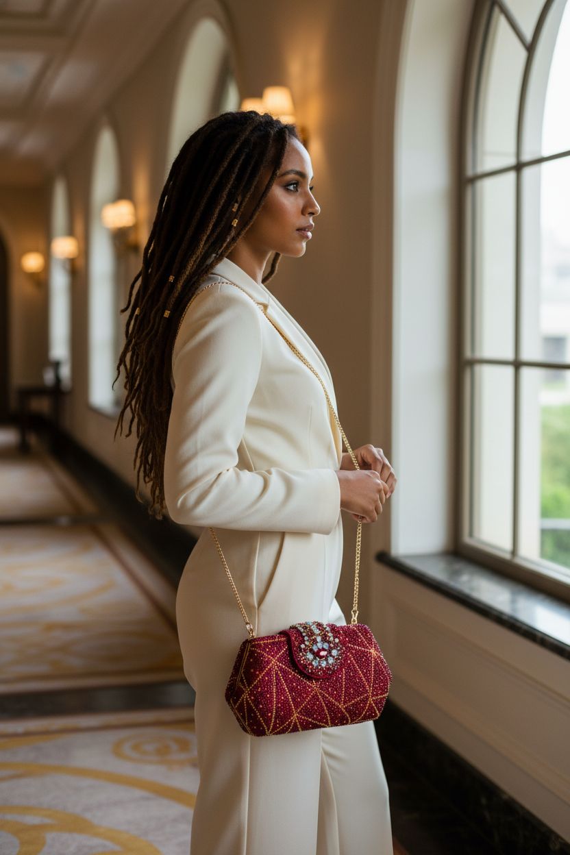 HUANG ZHUANG colorful rhinestone purse styled crossbody over a tailored jumpsuit.