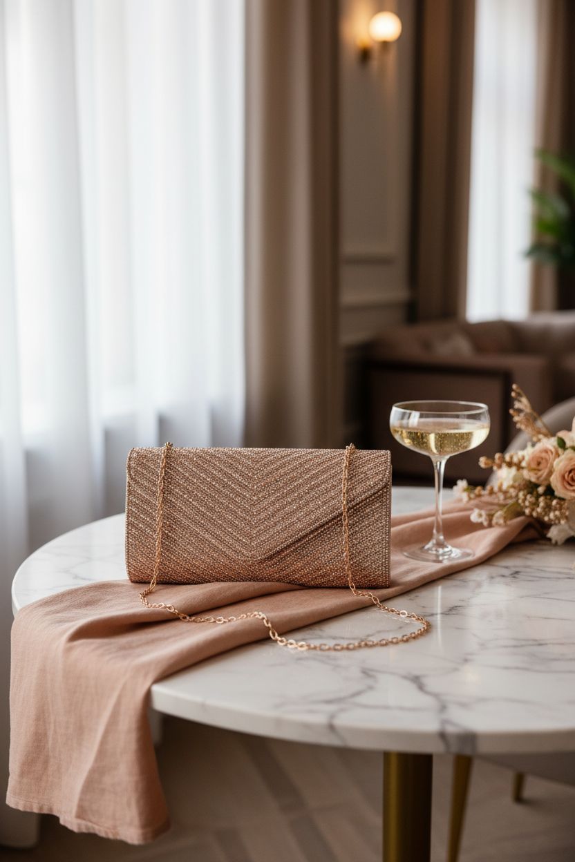BBTT.ful rose gold clutch resting on a marble table, accentuated by soft floral decor