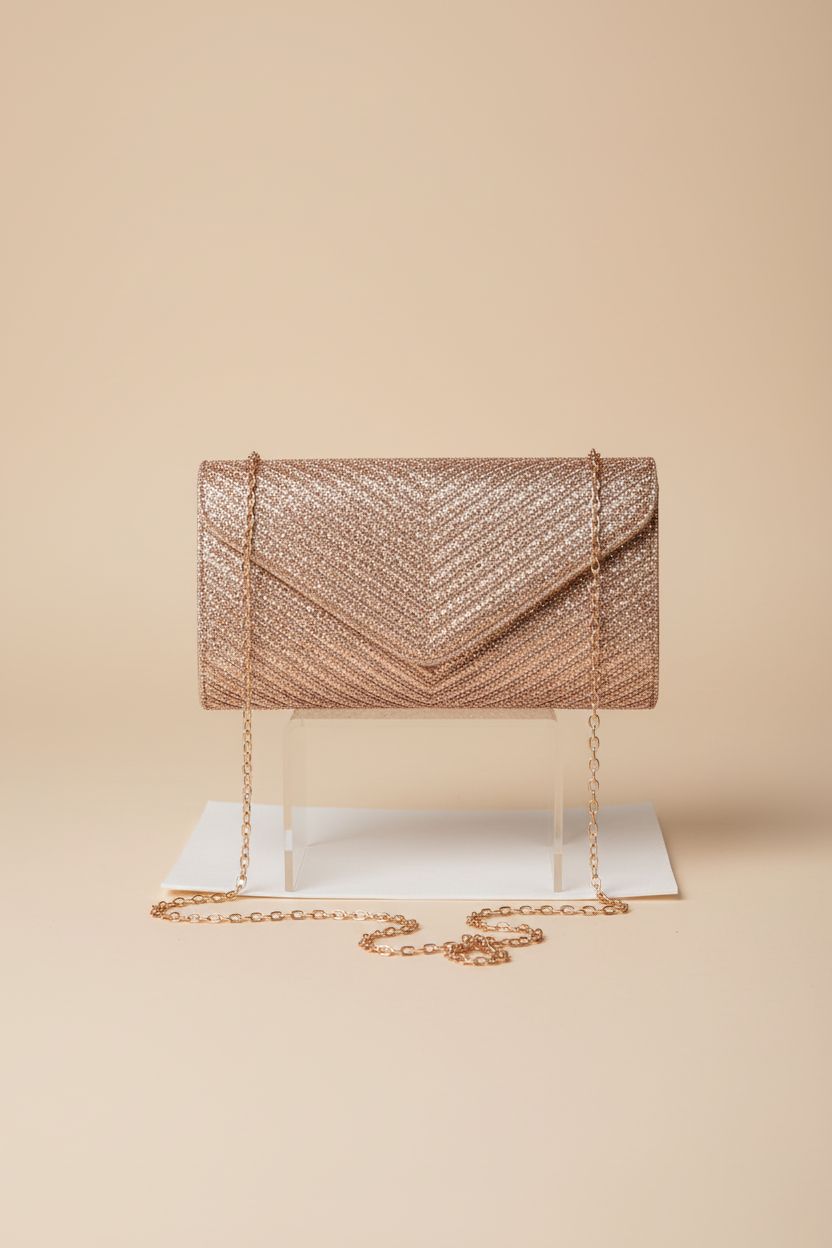 BBTT.ful rose gold clutch showcased on an acrylic riser against a light beige backdrop