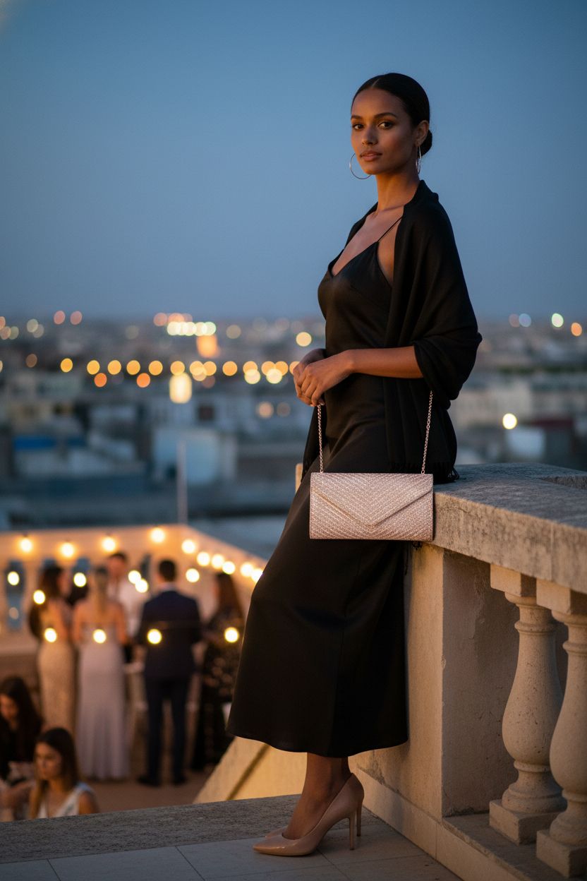 BBTT.ful rose gold clutch elegantly hanging at hip level against a city skyline backdrop