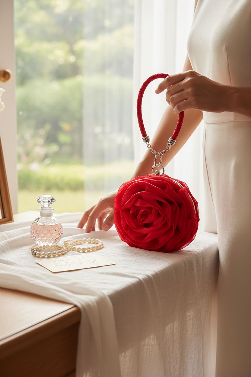 SUMERSHA rose purse displayed on a sunlit vanity with luxury items, creating a sophisticated mood.
