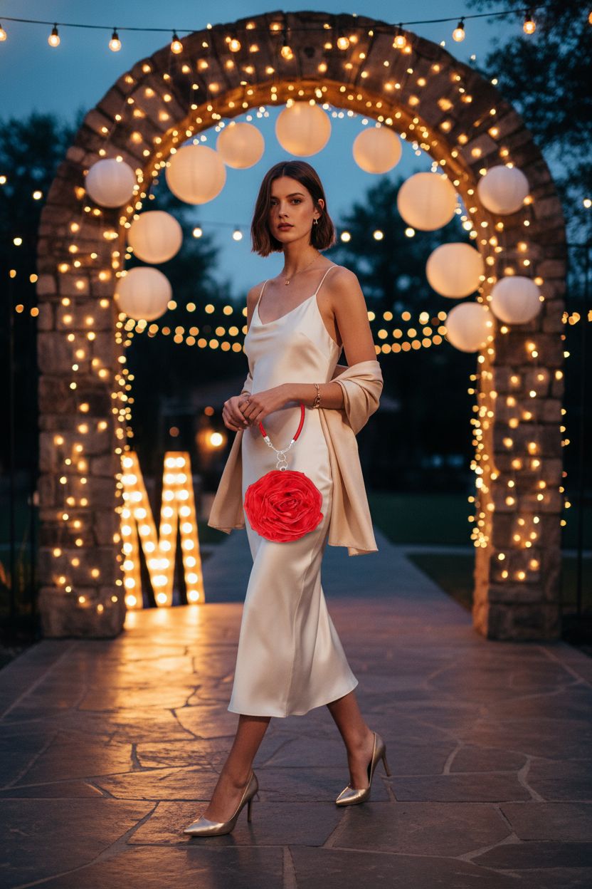 Elegant SUMERSHA rose clutch handbag in a twilight wedding garden setting, perfect for special occasions.