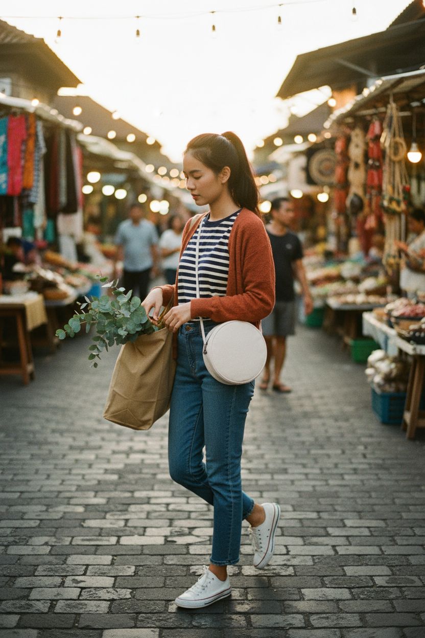 YONBEN Circle Crossbody Bag in cotton canvas at a Bali market, highlighting its round design and adjustable strap.