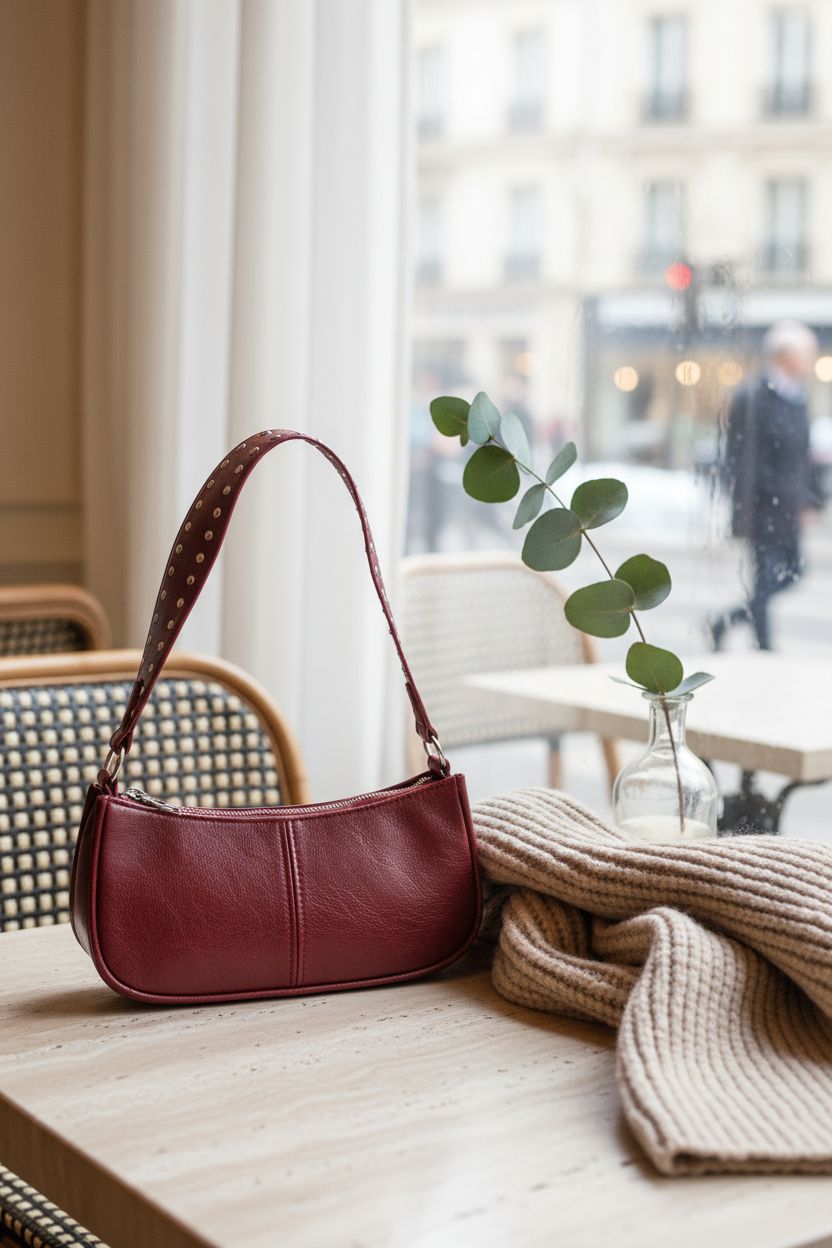 GETERUUV burgundy purse on a cafe table with cozy decor, perfect for daily use