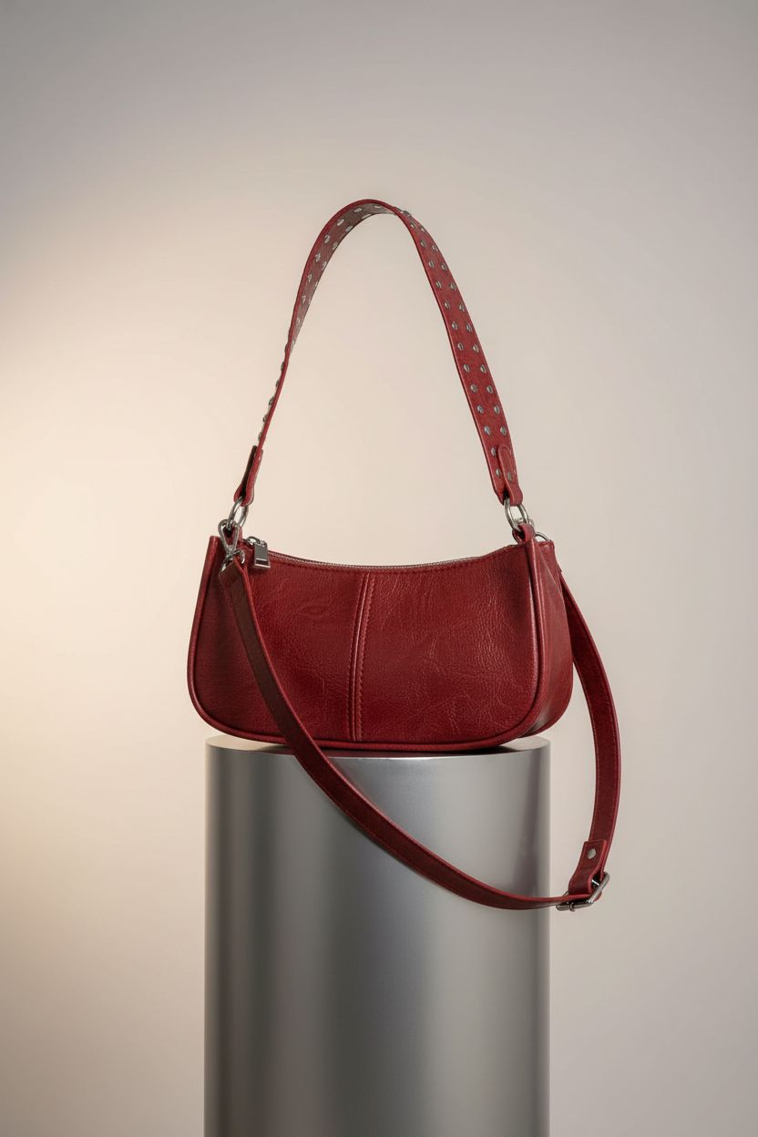 GETERUUV ruby red shoulder bag showcased in clean studio setting, highlighting design