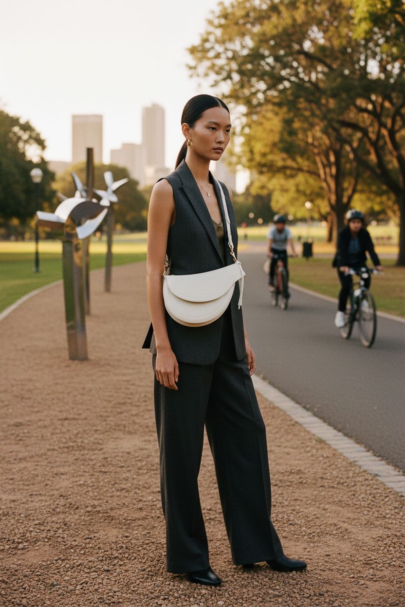JW PEI women's Ashlie crossbody bag in white, stylishly displayed in a golden-hour city park.