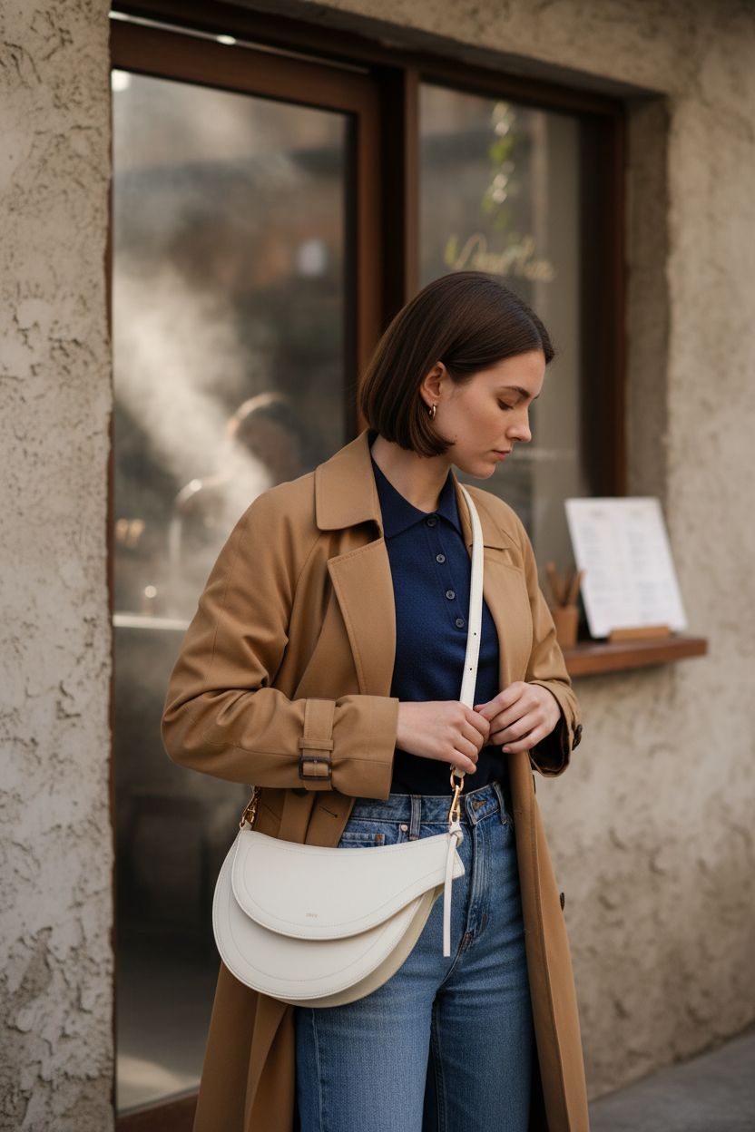 JW PEI Ashlie crossbody bag in white, elegantly showcased against a café's textured backdrop.