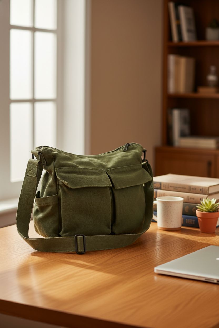 GAXOS vintage green canvas satchel on oak desk with books and mug
