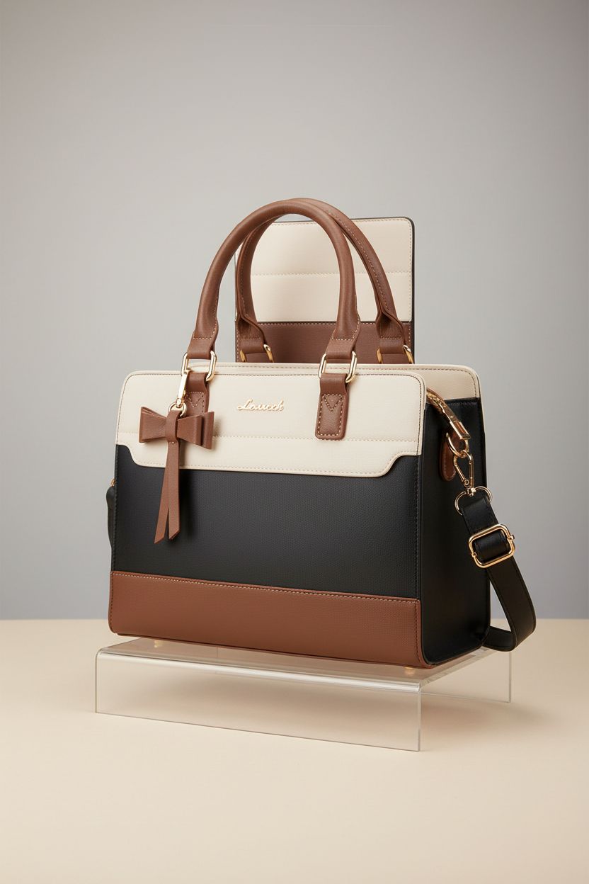LOVEVOOK leather satchel purse showcased elegantly on a gray backdrop for product focus.