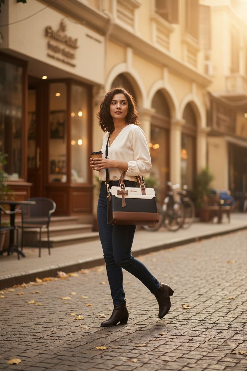 LOVEVOOK color-block satchel purse captured on a lively street, ideal for casual outings.
