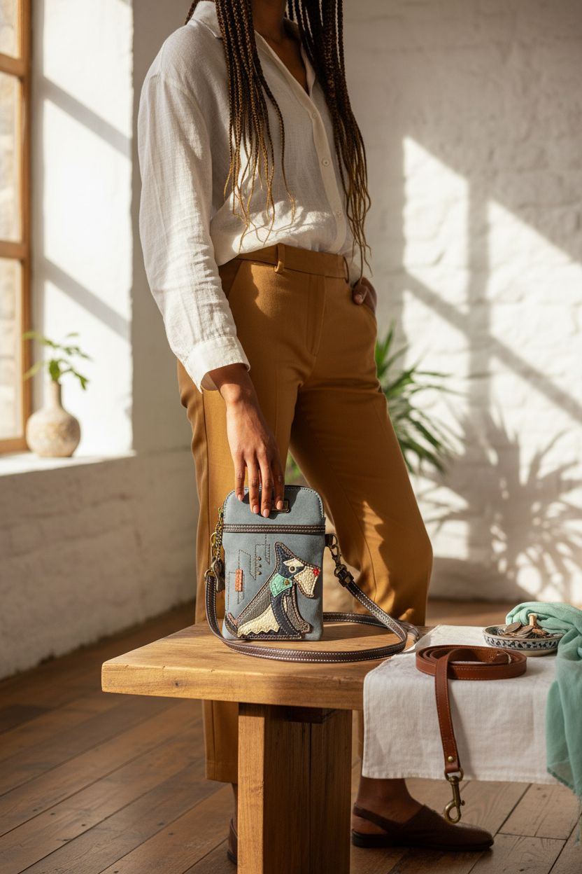 Morning light illuminating indigo CHALA crossbody purse on a wooden bench, ready for a dog walk.