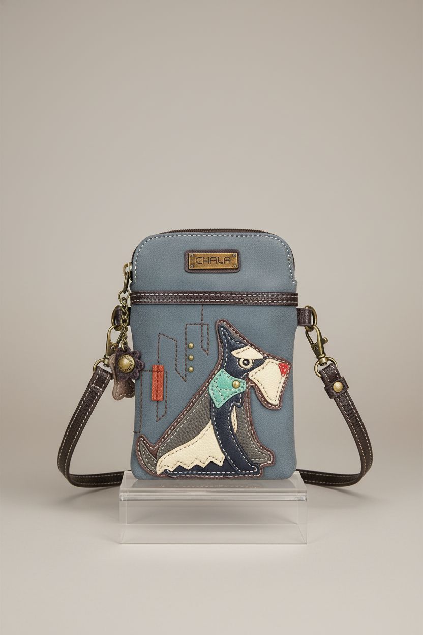 Front view of indigo CHALA crossbody purse showcasing schnauzer applique and bronze hardware.