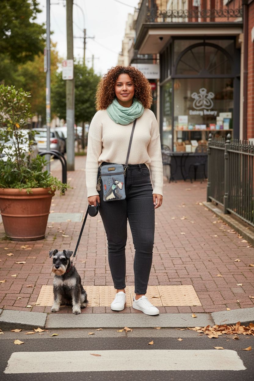 Plus-size individual walking with schnauzer, carrying indigo CHALA crossbody purse on a leafy sidewalk.