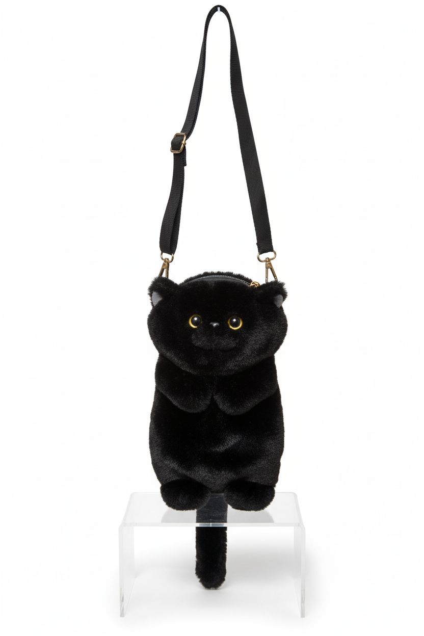 HUIJUFU black cat-shaped purse showcased on pastel background, highlighting design