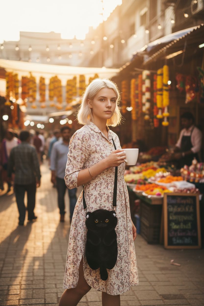 HUIJUFU black cat-shaped purse swinging crossbody at hip height in market setting