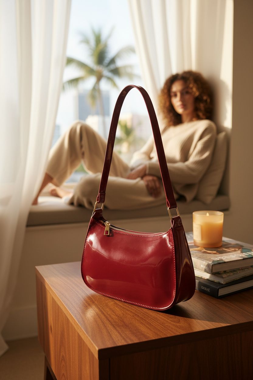 Wine-red patent leather bag by Generic, elegantly placed on a vintage side table.