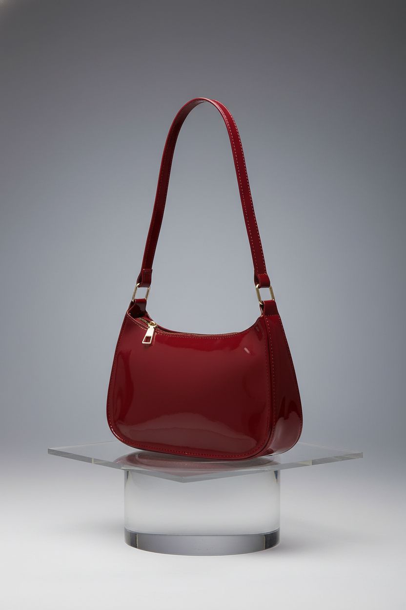 Product shot of wine-red patent leather clutch purse by Generic, showcasing its shine.