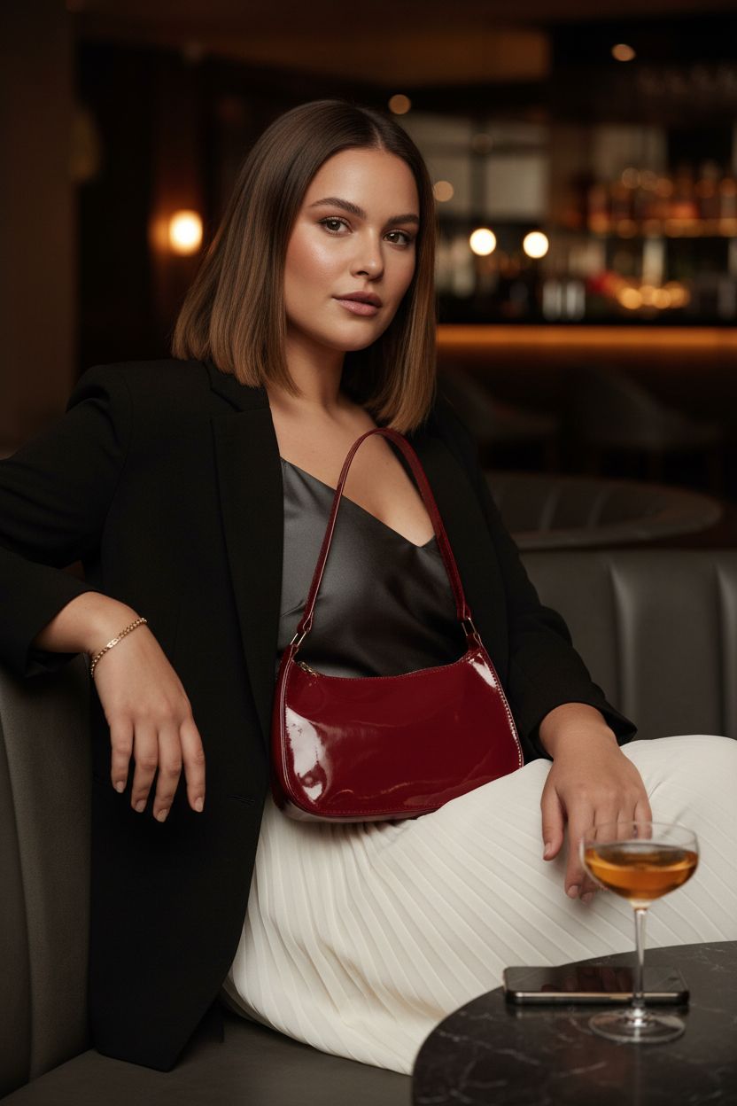 Stylish wine-red patent shoulder bag by Generic, perfect for cocktail events.