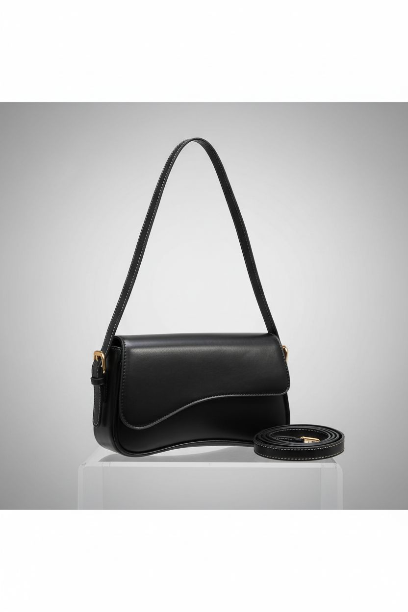 Amszke black shoulder bag displayed on a gray backdrop showcasing details