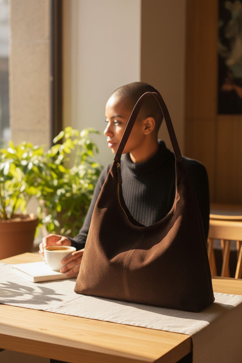 Rich brown crescent suede shoulder bag by Jusavie resting beside a ceramic cup in a sunlit café nook.